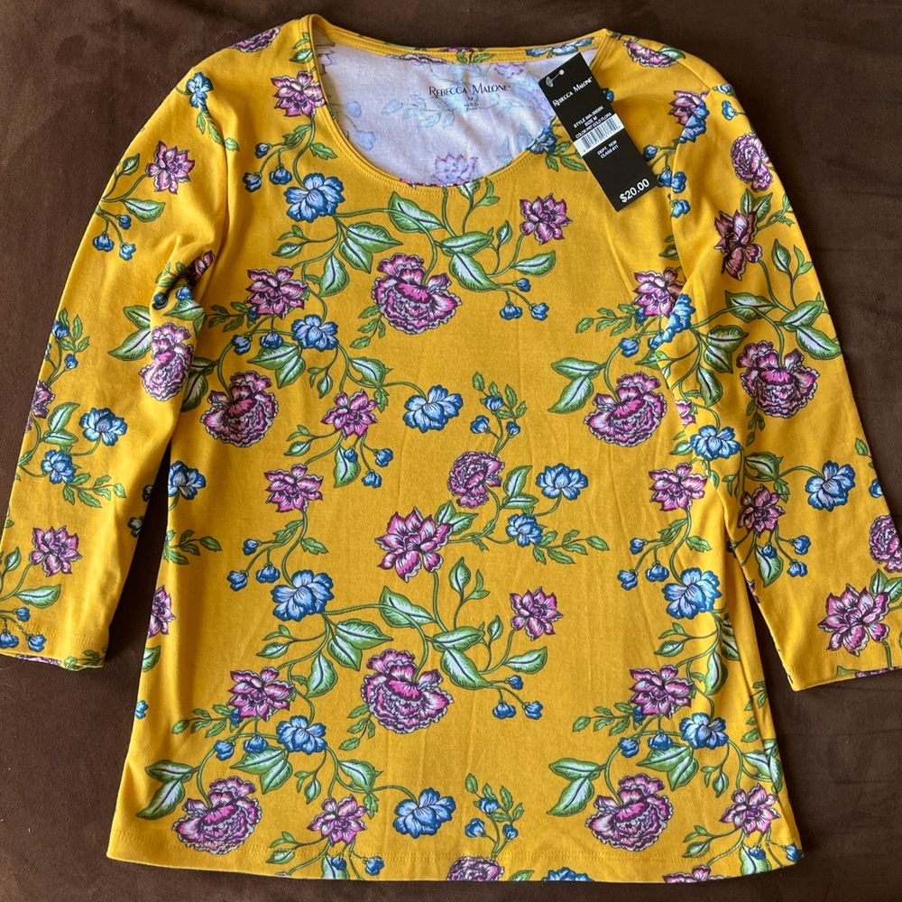 REBECCA MALONE ~ NEW w/ Tag! ~ Mustard Yellow Blouse w/ Pink & Blue Flowers